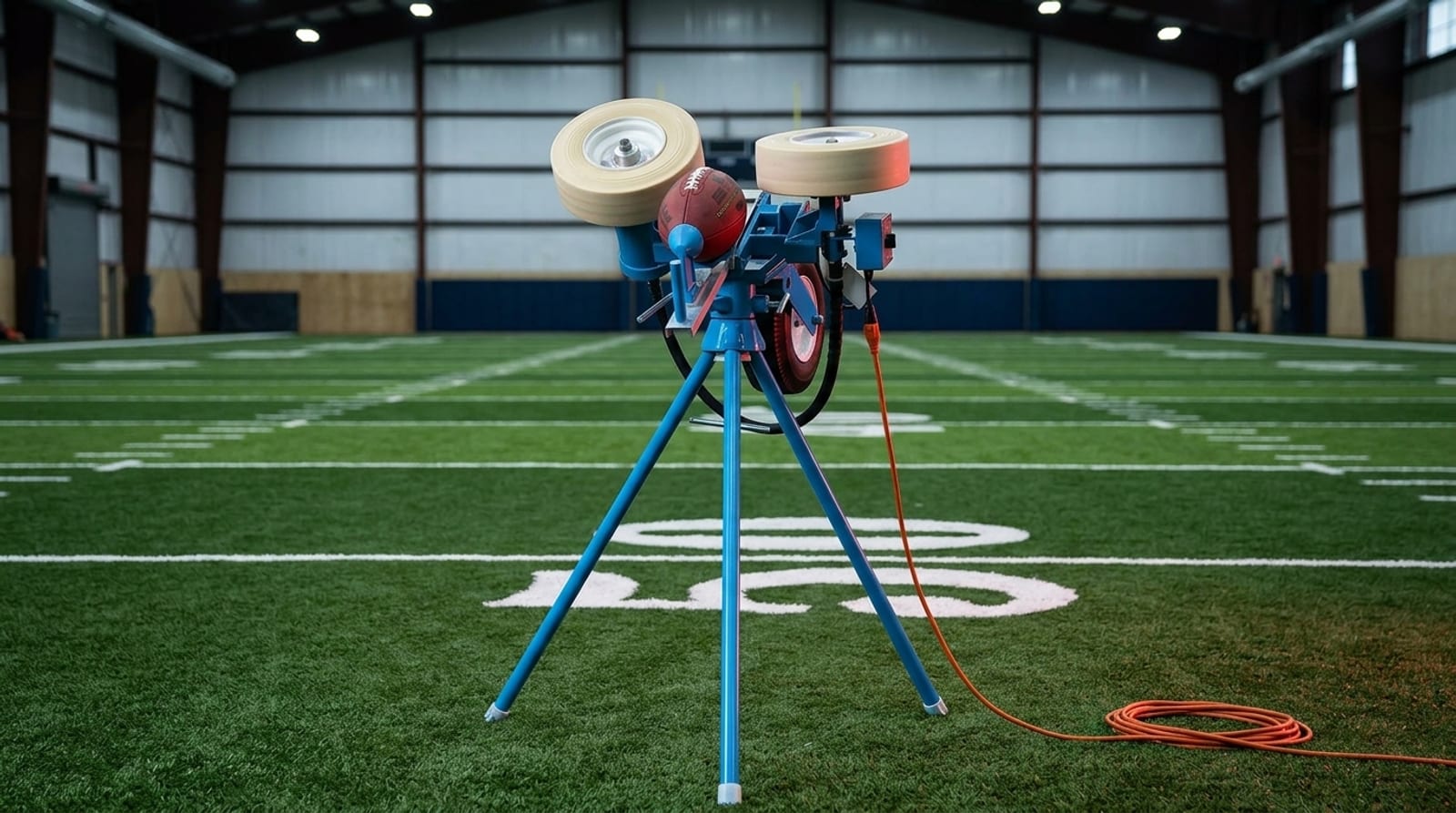 A JUGS football passing machine on an indoor practice field